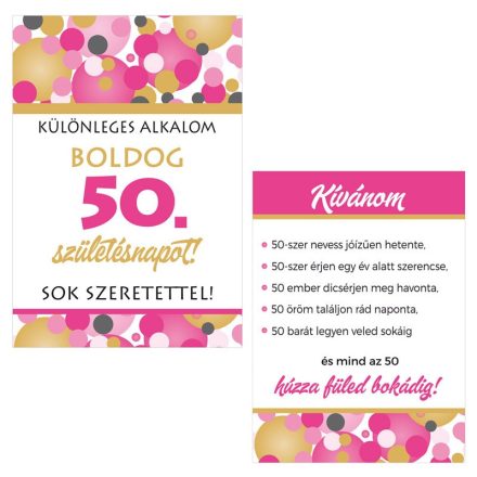 Boldog 50. Születésnapot! Rózsaszín Pasztell Konfettis Boros Üveg Címke, 2 db-os