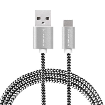 GoGEN Type-C USB kábel, 3m, borított - ezüst színnLightning adat és töltő csatlakozó kábel, 3 m, USB 2.0 A - USB-C villa, külső borítás, fémes konnektorok, ezüst szín