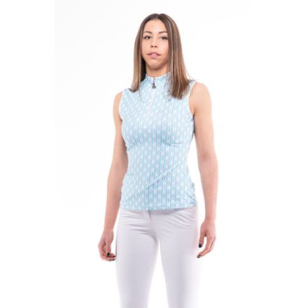 BIRDIE LADIES STAND UP COLLAR GOLF POLO SHIRT white/turquoise geo pattern