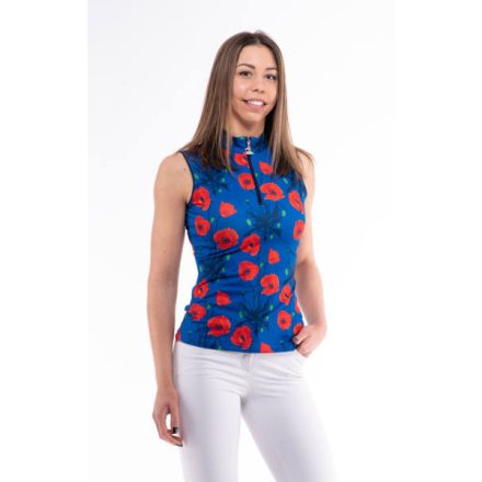 BIRDIE LADIES STAND UP COLLAR GOLF POLO SHIRT blue/red poppy flower