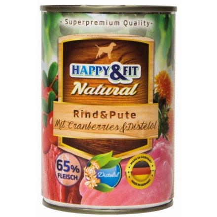 -Happy&Fit Natural Dog Konzerv Marha&Pulyka Áfonyával&Sárfányolajjal 400g