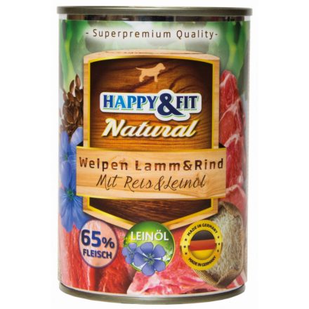 -Happy&Fit Natural Dog Konzerv Junior Bárány&Marha Rizzsel&Lenmagolajjal 400g