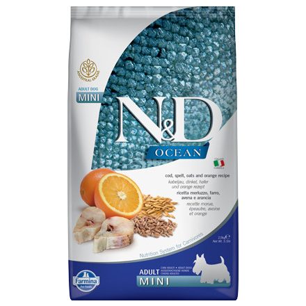 -N&D Ocean Dog tőkehal, tönköly, zab&narancs adult mini 2,5kg