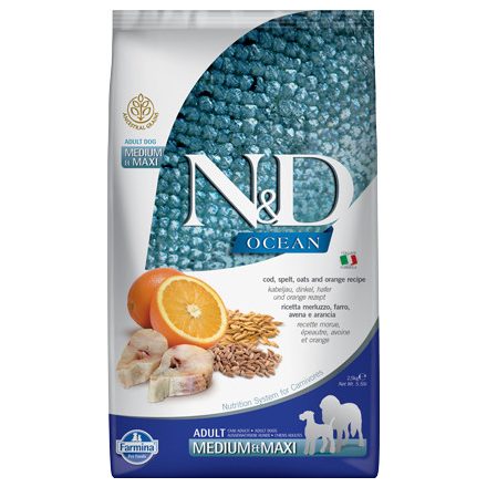 -N&D Ocean Dog tőkehal, tönköly, zab&narancs adult medium&maxi 2,5kg