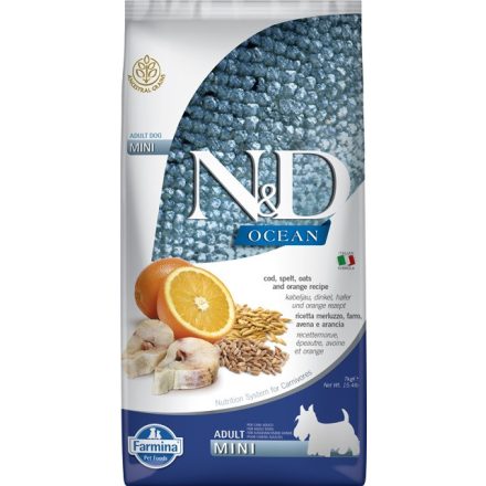 -N&D Ocean Dog tőkehal, tönköly, zab&narancs adult mini 7kg