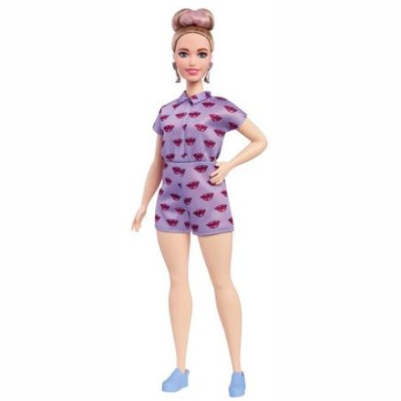 Barbie Fashionista Szőke hajú Barbie lila rövid overálban