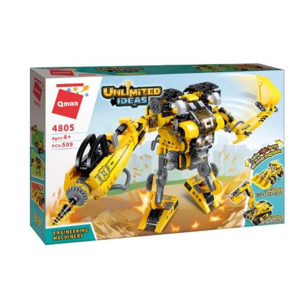 QMAN® 4805 | lego-kompatibilis építőjáték | 509 db építőkocka | Fiúk álma 3-az-1-ben: munkagép robot, kanalas rakodógép vagy lánctalpas marógép