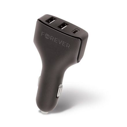 Autós töltő, Szivargyújtós töltő, 5V / 4.8A, 2 x USB aljzat, 1 x USB Type-C aljzat, Forever, fekete, CC-05