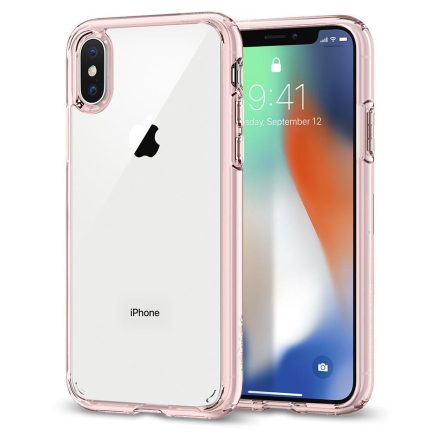 Apple iPhone XS Max, Műanyag hátlap védőtok + szilikon keret, Spigen Ultra Hybrid, átlátszó/vörösarany