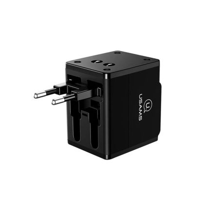 Hálózati töltő adapter, 5V / 1000 mAh, 2 x USB aljzat, állítható csatlakozó 4in1, Usams CC44, fekete