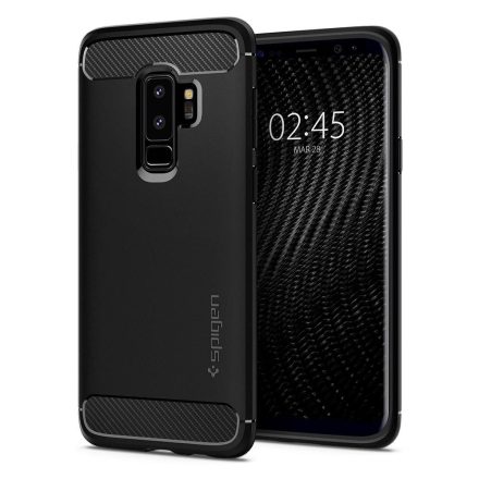 Samsung Galaxy M20 SM-M205F, TPU szilikon tok, Spigen Rugged Armor, karbon minta, fekete