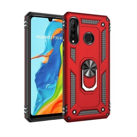 Huawei Honor 9X, Műanyag hátlap védőtok, közepesen ütésálló, szilikon belső, telefontartó gyűrű, Defender, piros