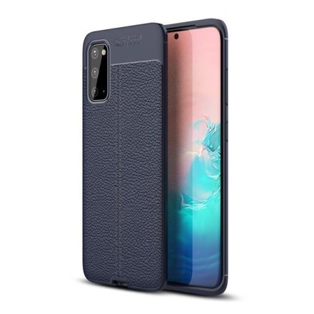 OnePlus 7, Szilikon tok, bőrhatású, varrásminta, sötétkék