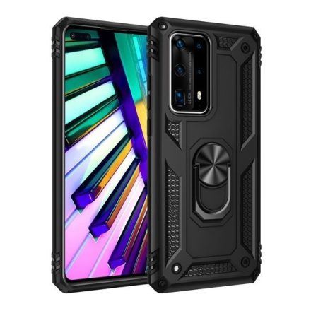 Motorola One Vision / P50, Műanyag hátlap védőtok, közepesen ütésálló, szilikon belső, telefontartó gyűrű, Defender, fekete