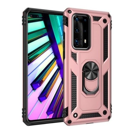 Motorola One Vision / P50, Műanyag hátlap védőtok, közepesen ütésálló, szilikon belső, telefontartó gyűrű, Defender, vörösarany