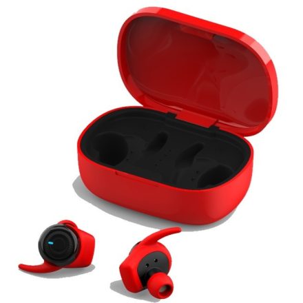 Bluetooth sztereó fülhallgató, v5.0, töltőtok, TWS, funkció gomb, mikrofon, Forever 4Sport, TWE-300, piros