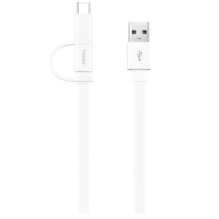 USB töltő- és adatkábel 2in1, 1 x microUSB, 1 x USB Type-C, 150 cm, Huawei, fehér, gyári