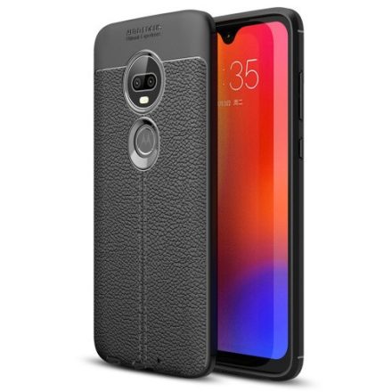 Motorola Moto G7, TPU szilikon tok, bőrhatású, varrásminta, fekete