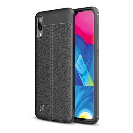 Samsung Galaxy M10 SM-M105F, TPU szilikon tok, bőrhatású, varrásminta, fekete