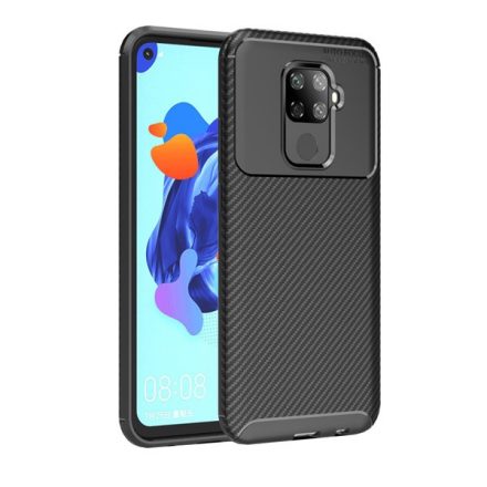 Huawei Mate 30 Lite, Szilikon tok, közepesen ütésálló, légpárnás sarok, karbon minta, fekete