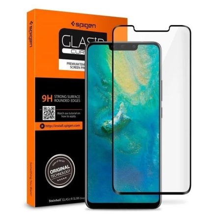 Huawei Mate 20 Pro, Kijelzővédő fólia, ütésálló fólia (az íves részre is!), Tempered Glass (edzett üveg), Spigen Glastr Curved, fekete