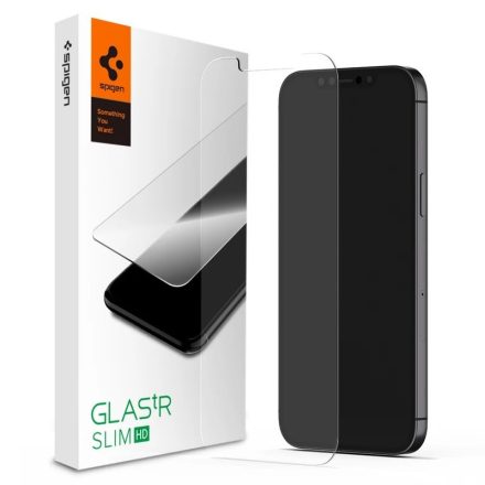 Apple iPhone 12 Pro Max, Kijelzővédő fólia, ütésálló fólia (az íves részre is!), Tempered Glass (edzett üveg), tok barát, Spigen Glastr Slim HD, Clear